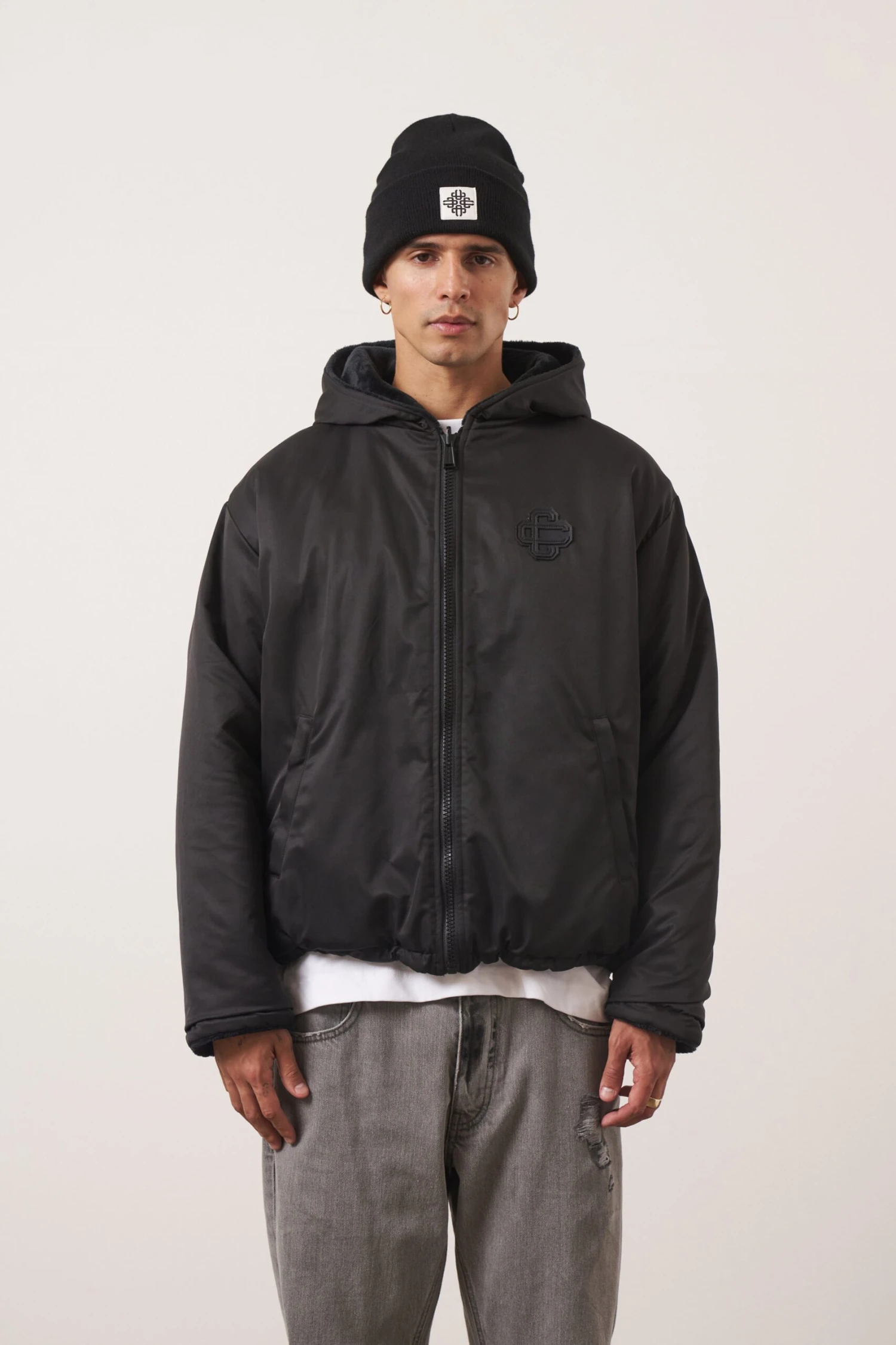 PADDED REVERSIBLE FAUX FUR ZIP THROUGH JACKET - BLACK - Image 3