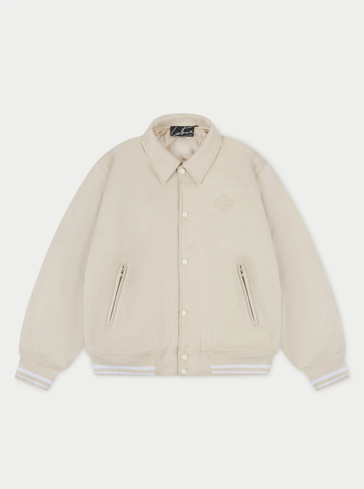 SUEDE VARSITY JACKET- STONE