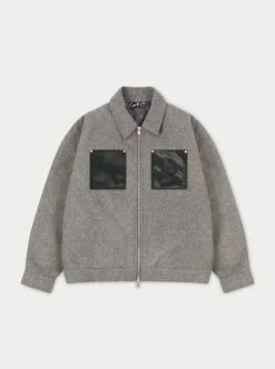 FAUX LEATHER PATCH POCKET WOOL SHACKET - GREY