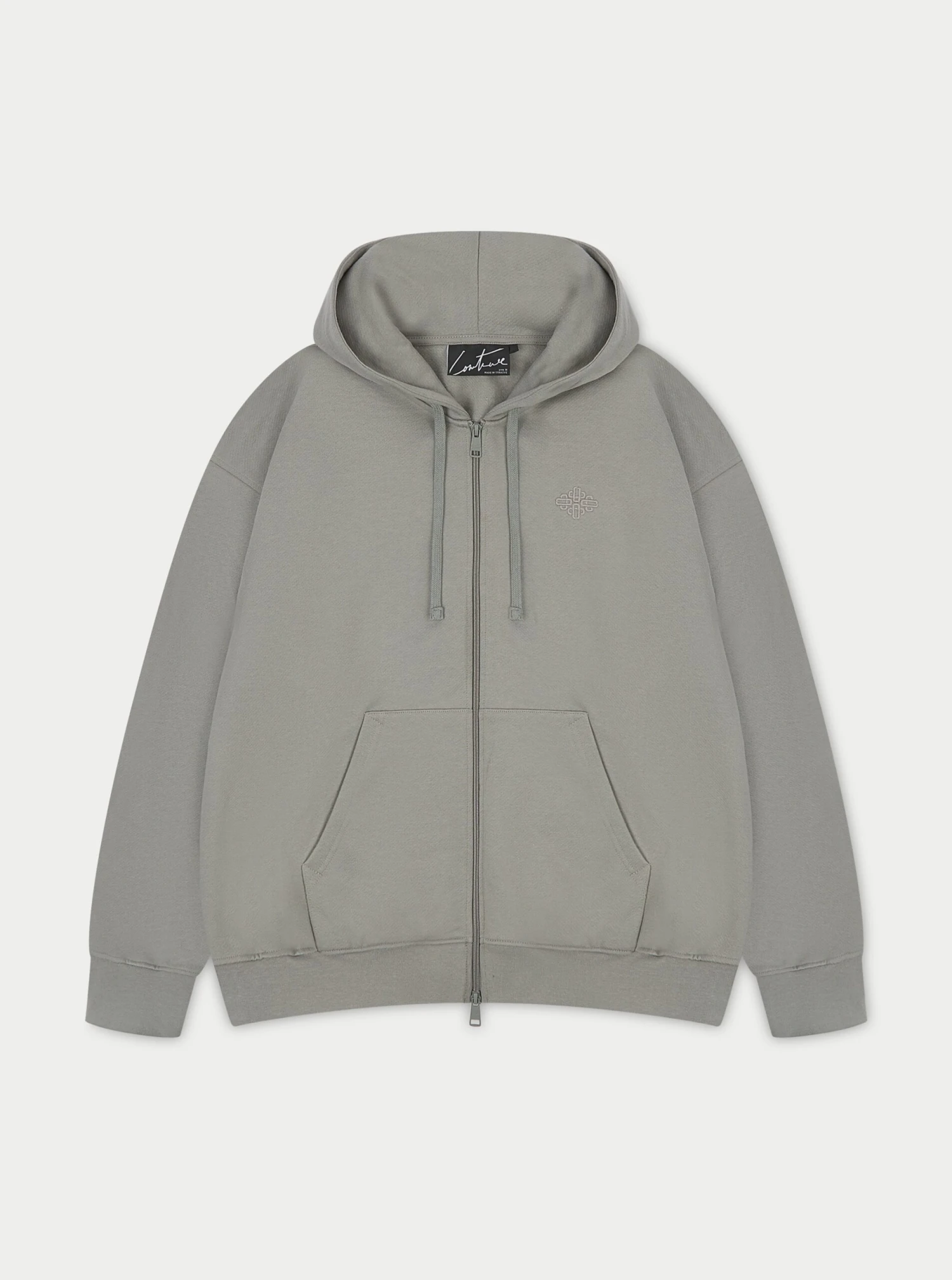 EMBLEM EMBROIDERED LOGO ZIP THROUGH HOODIE - GREY