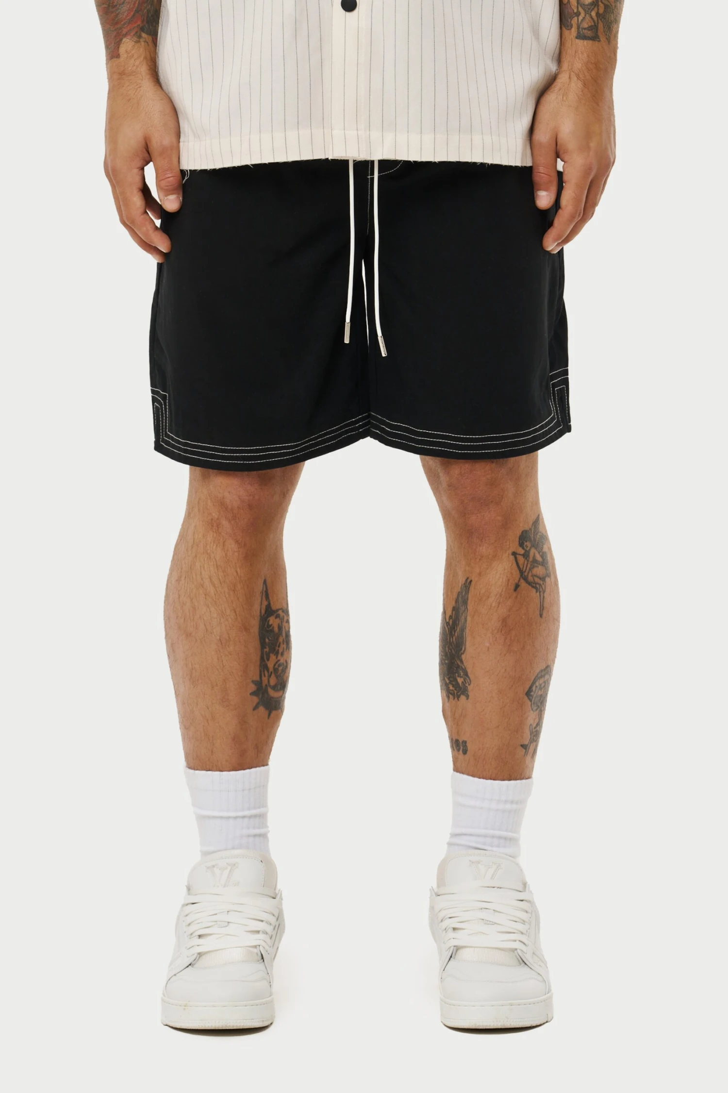 CONTRAST STITCH WOVEN SHORTS - BLACK - Image 3
