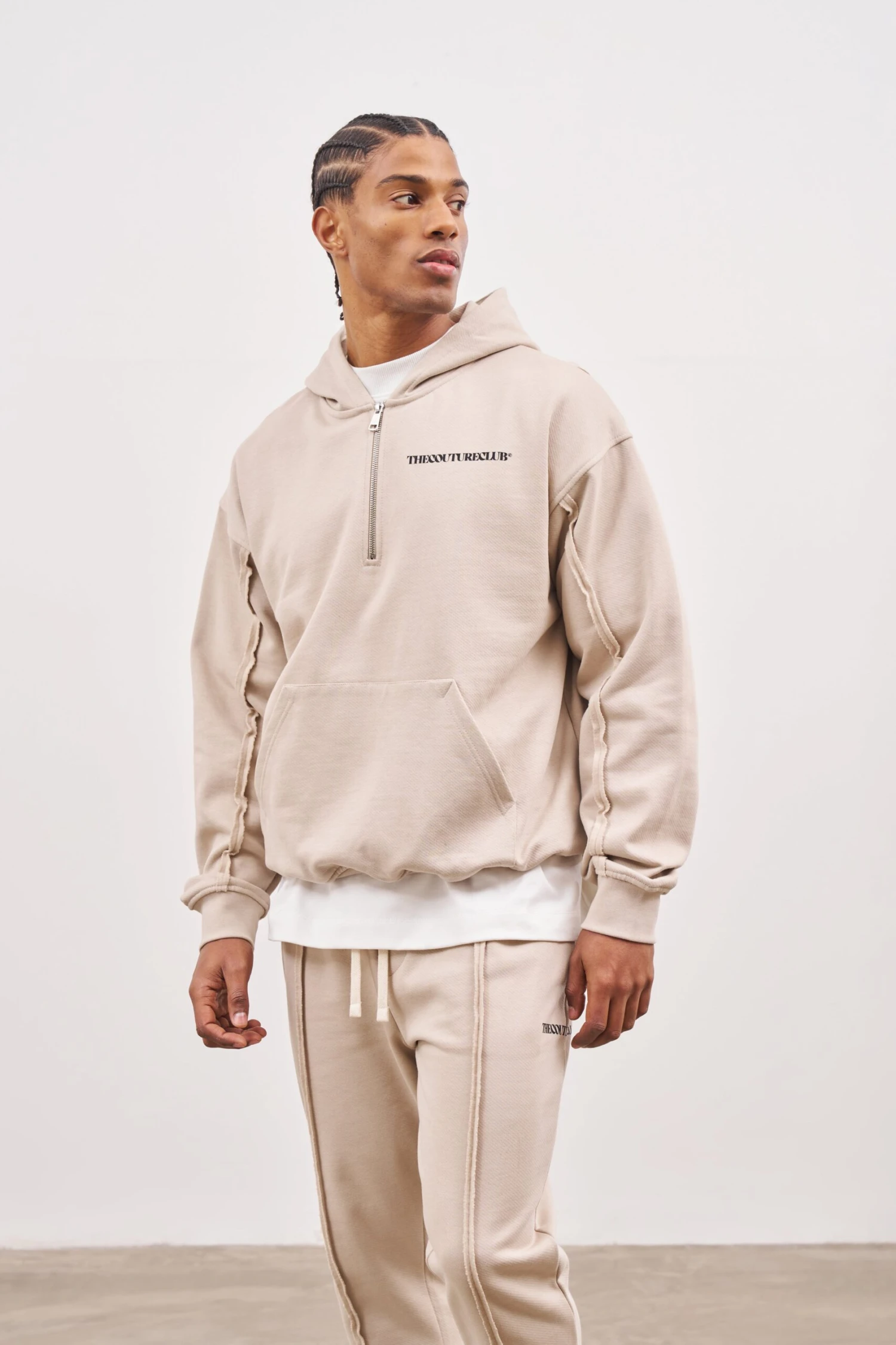 RAW SEAM QUARTER ZIP HOODIE - BEIGE - Image 8
