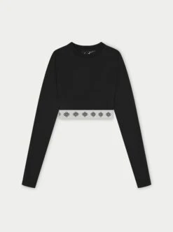 BRANDED WAISTBAND FITTED RIBBED TOP - BLACK