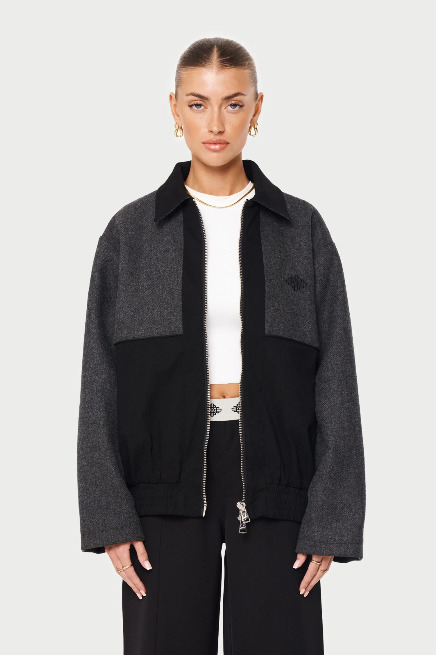 TWEED PANELLED BOMBER JACKET - GREY - Image 8