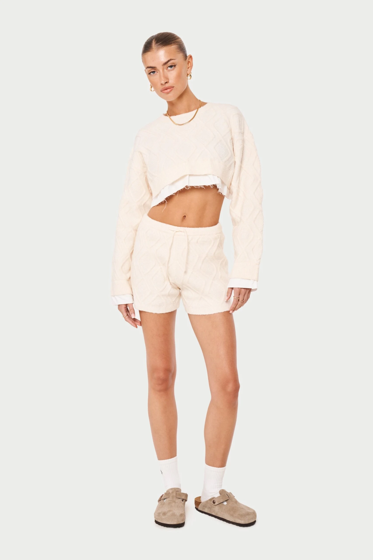 CABLE KNITTED CROPPED SWEATER - OFF WHITE - Image 8