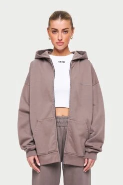 EVERYDAY WASHED RELAXED ZIP THROUGH HOODIE - WASHED BROWN